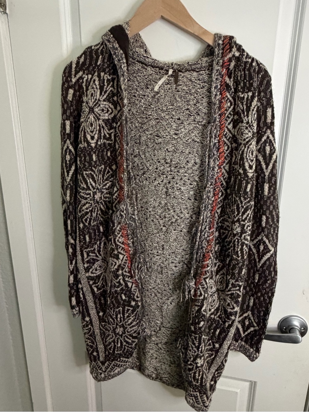 Free People Hooded Open-Front Cardigan in Brown, Cream and Rust